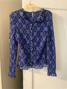 Free People Navy and Light Blue Patterned Button-Down Shirt